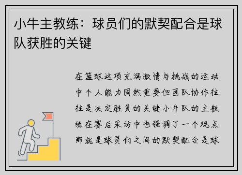 小牛主教练：球员们的默契配合是球队获胜的关键