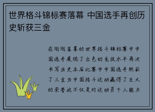世界格斗锦标赛落幕 中国选手再创历史斩获三金